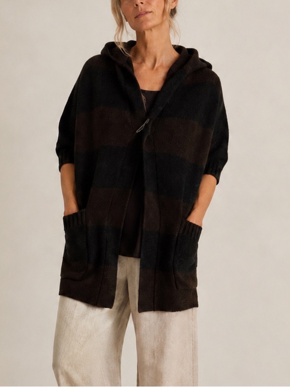 Vince Wool Alpaca Hooded Sweater Cardigan Brown Large Oversized Chunky Knit